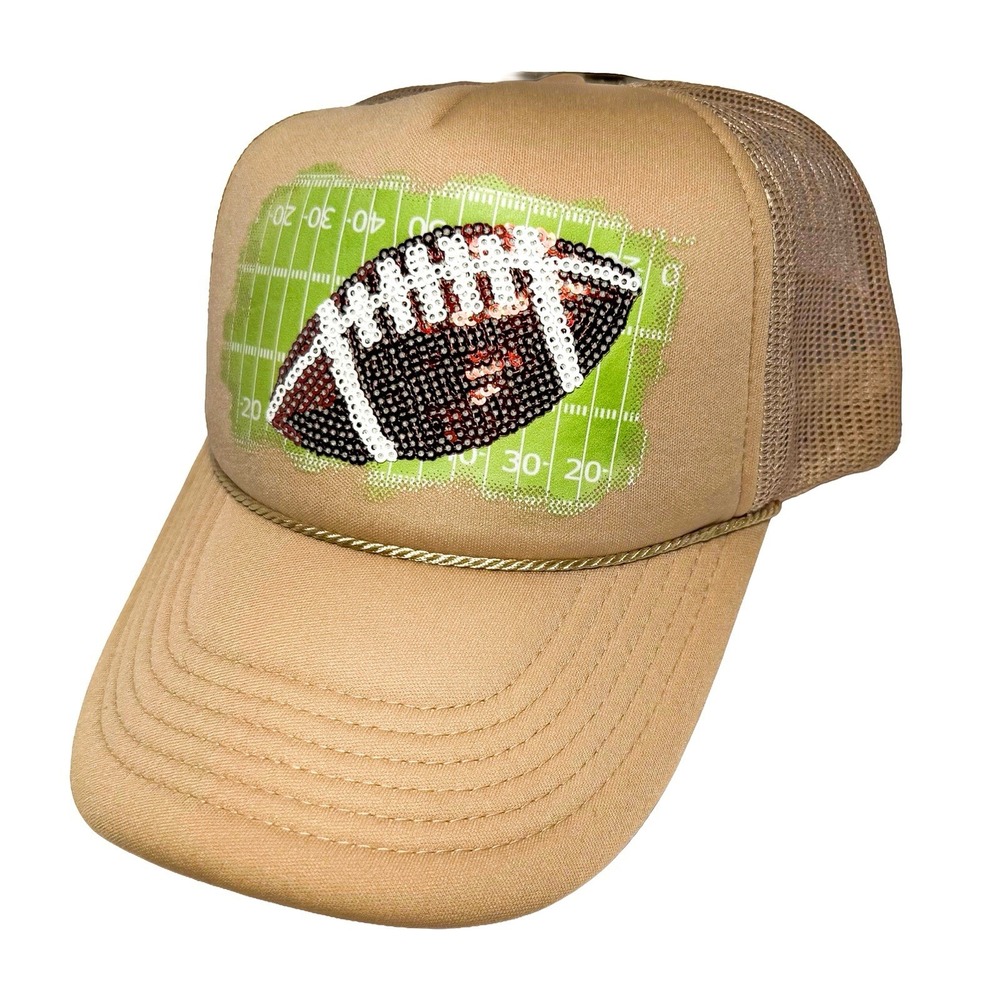 Vibes Hat Co Tan Sequin Football Trucker‎ Hat Snapback Mesh Cap Gameday Fan New
